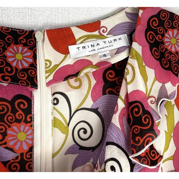 Trina Turk Colorful Bold Floral Print Silk Blend Tunic Dress Size 4 Semi Sheer - Picture 4 of 10